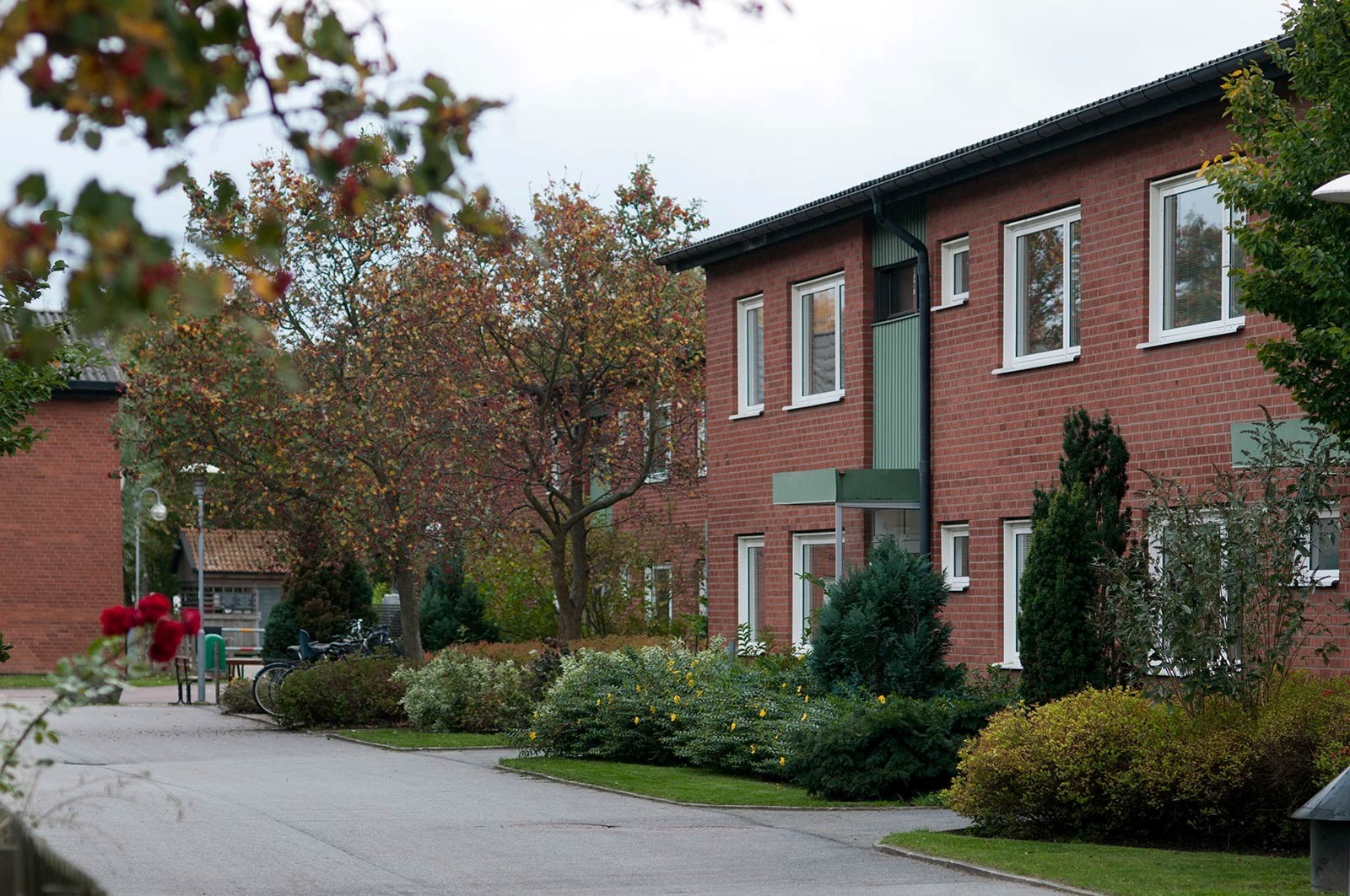 En lugn och fridfull bostadsmiljö. Det finns röda tegelhus med gröna detaljer, omgivna av välskötta