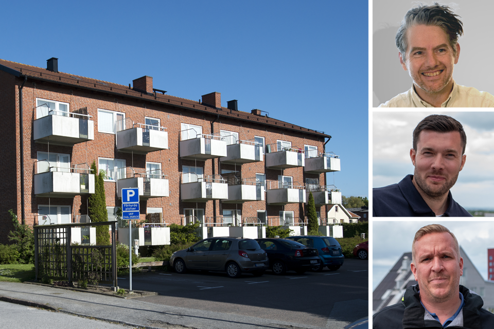 En bild på ett hus och tre medarbetare.