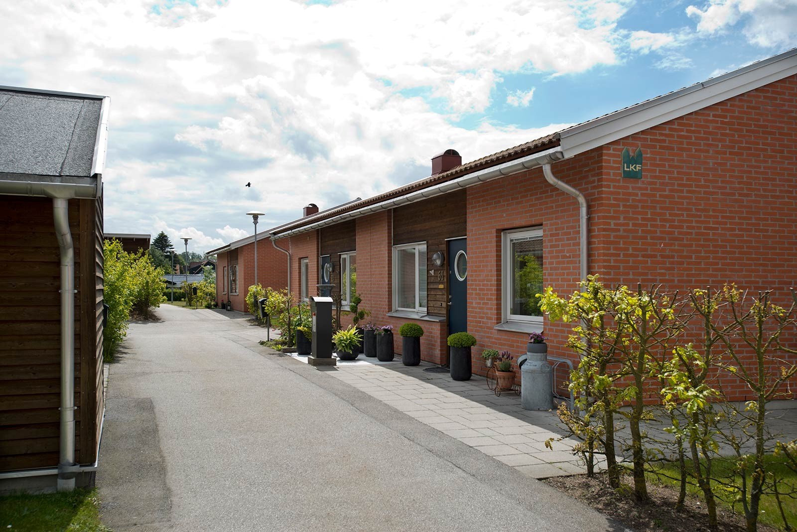 En rad tegelröda enfamiljshus med vita fönster och dörrar. Varje hus har en liten trädgård framför 