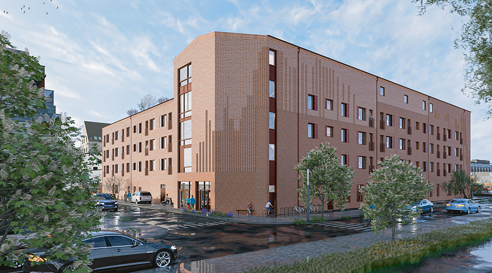 Arkitektillustration - norra sidan av kvarteret Smaken. Ett rött tegelhhus i vinkel med fyra våningar. Framför huset går en gata, på trottoaren finns ett par träd