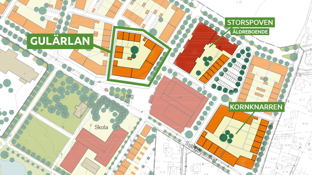 Markritning för Gulärland där man även ser angränsande kvarter.